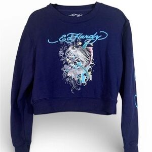 Ed Hardy Navy Cropped Sweatshirt with Aqua Koi Graphic